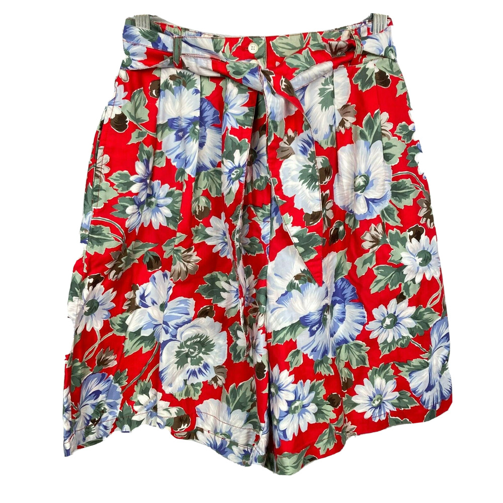 Talbots Shorts Womens Sz M Vintage Red Floral Cotton Flowy Bermuda Culotte